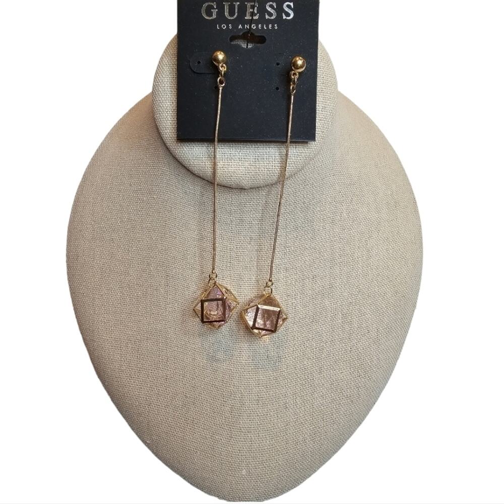 Guess Los Angeles Gold Toned Long Geometric Cage w/ Floating Pink Crystal